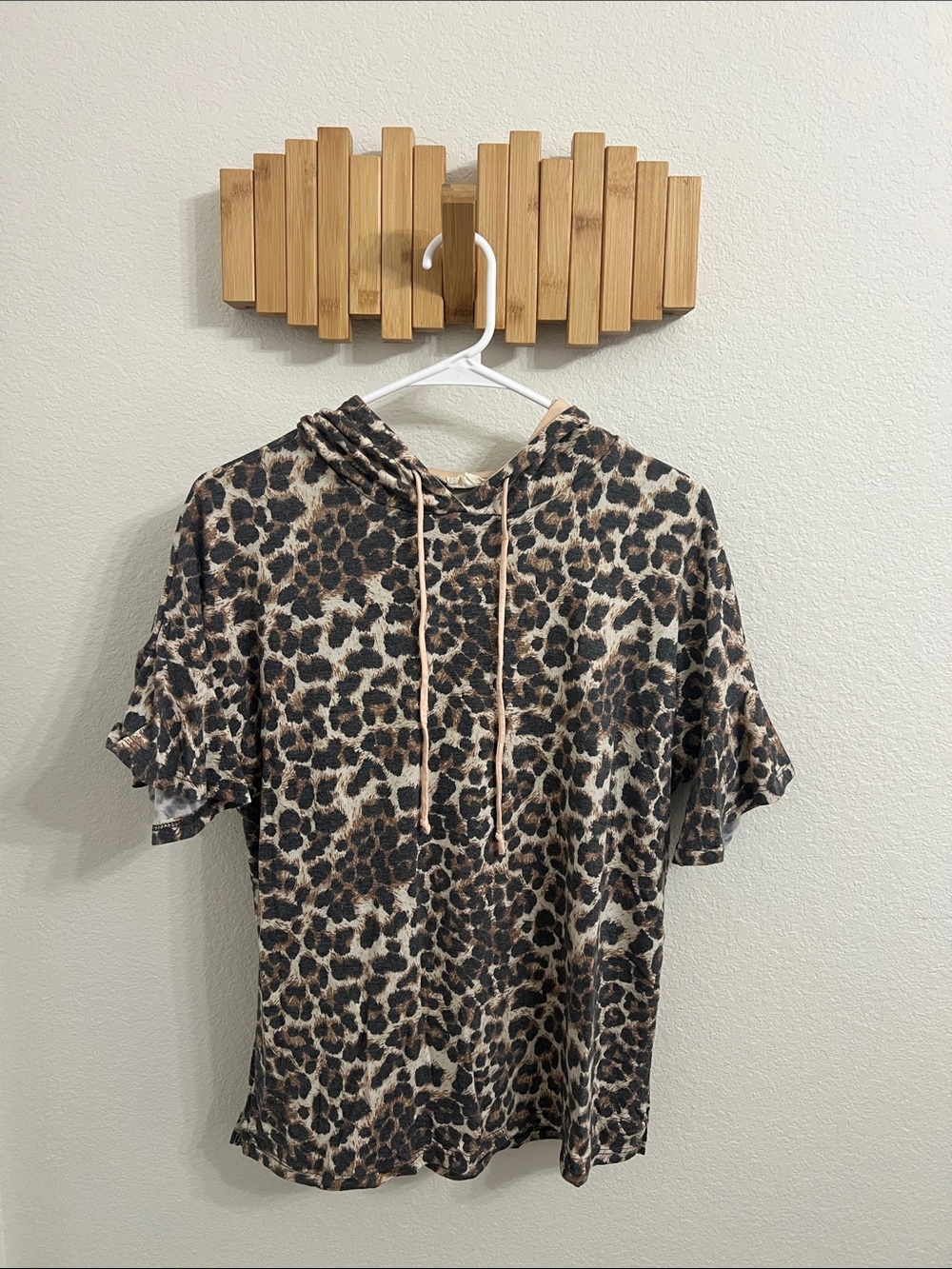 Leopard Print Short Sleeve Hoodie Shirt - Beige, Brown, Black